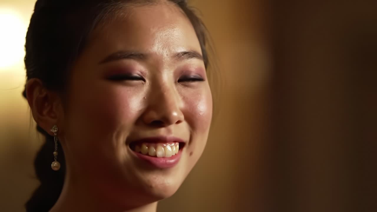 A Gracious Young Woman with Radiant Smile and Elegance, Captured in Close-Up Frames Showcasing Her Joyful Expression and Refined Beauty