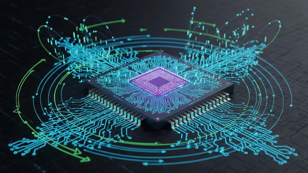 A Stunning Visual Representation of a Microprocessor Surrounded by Vibrant Waveforms and Circuit Patterns, Illustrating Advanced Technology and Electronic Connections