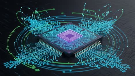 a stunning visual representation of a microprocessor surrounded by vibrant waveforms and circuit patterns, illustrating advanced technology and electronic connections