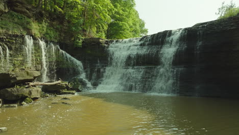 wide pan left shot of upper balls falls in ontario, surrounded by lush trees and bright daylight