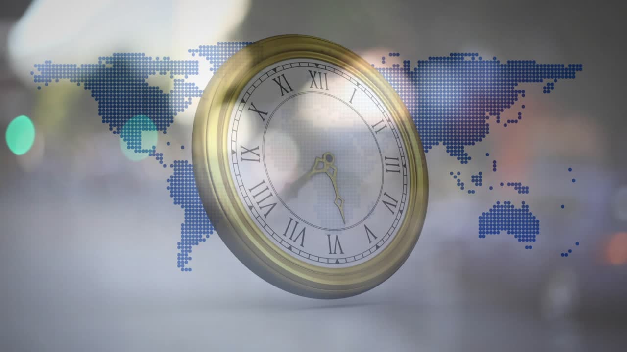 On start brass rim clock rotating, tilting over dotted world map, hands advancing showing time flow