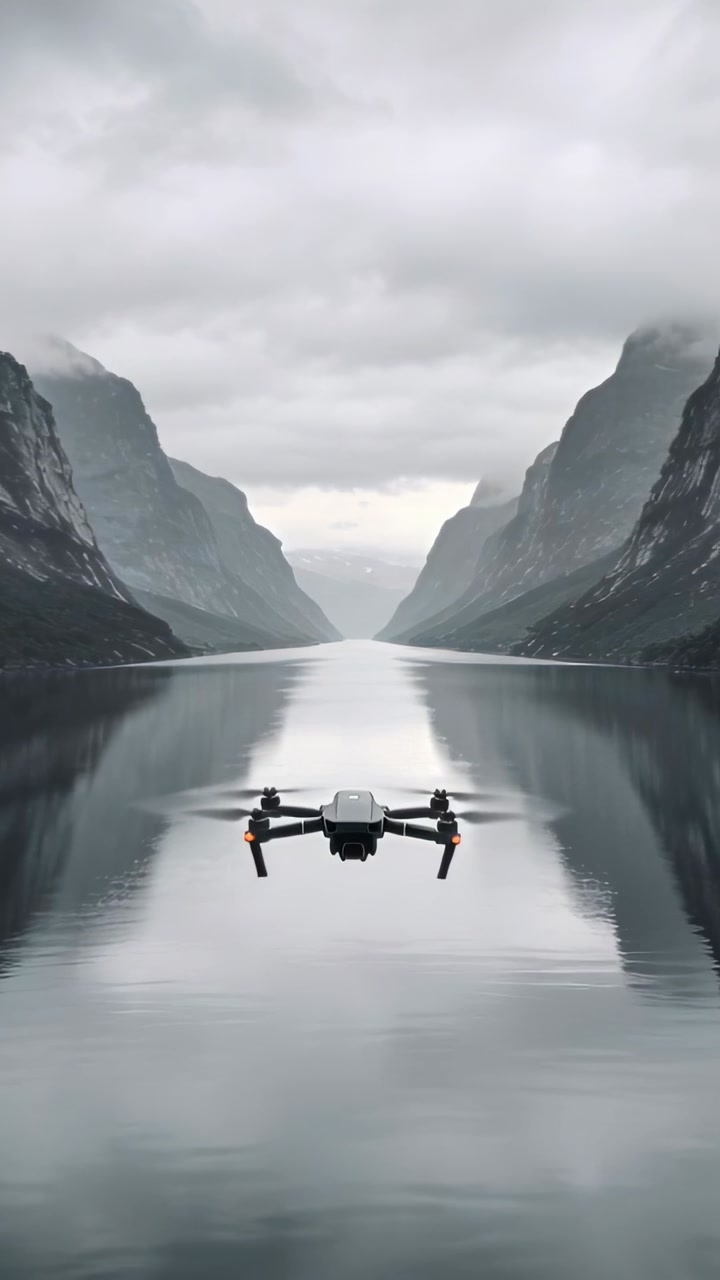Vertical video: Responding to pilot input foldable drone hovering over fjord, making water ripples