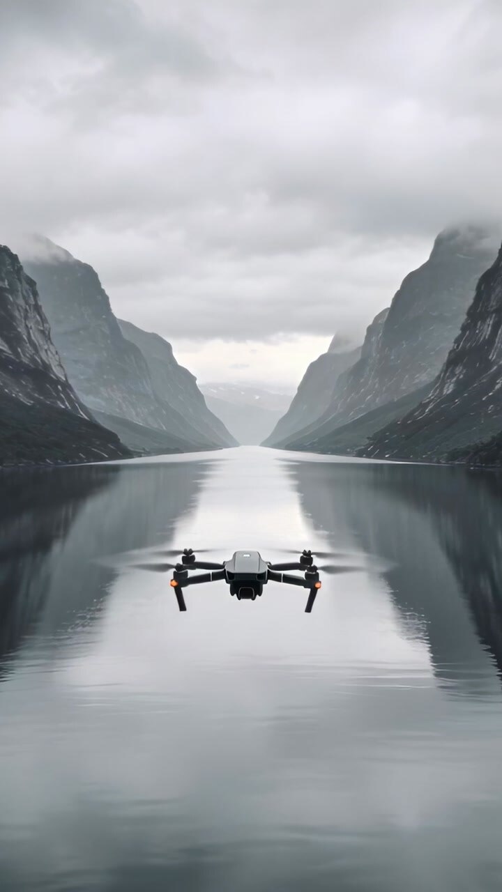 Vertical video: Responding to pilot input foldable drone hovering over fjord, making water ripples