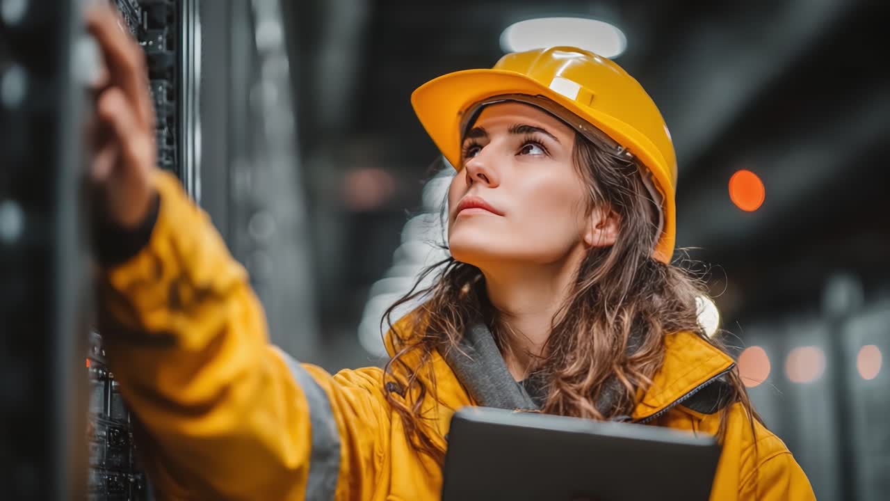 Una tecnica specializzata con un cappello ispeziona attrezzature avanzate in una moderna struttura industriale, incarnando professionalità ed esperienza nel suo campo.