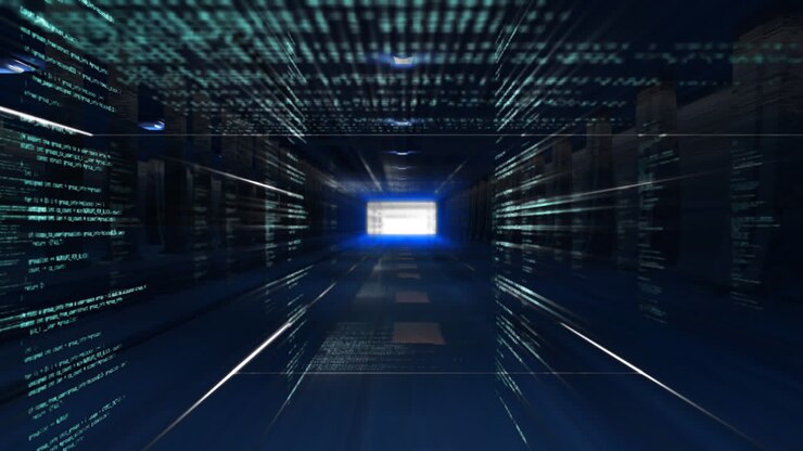 Animation of information scrolling on black walls