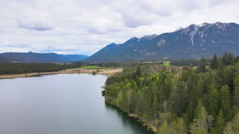 Aerial-view-of-mountain-lake-Barmsee-in-Bavarian-Alps