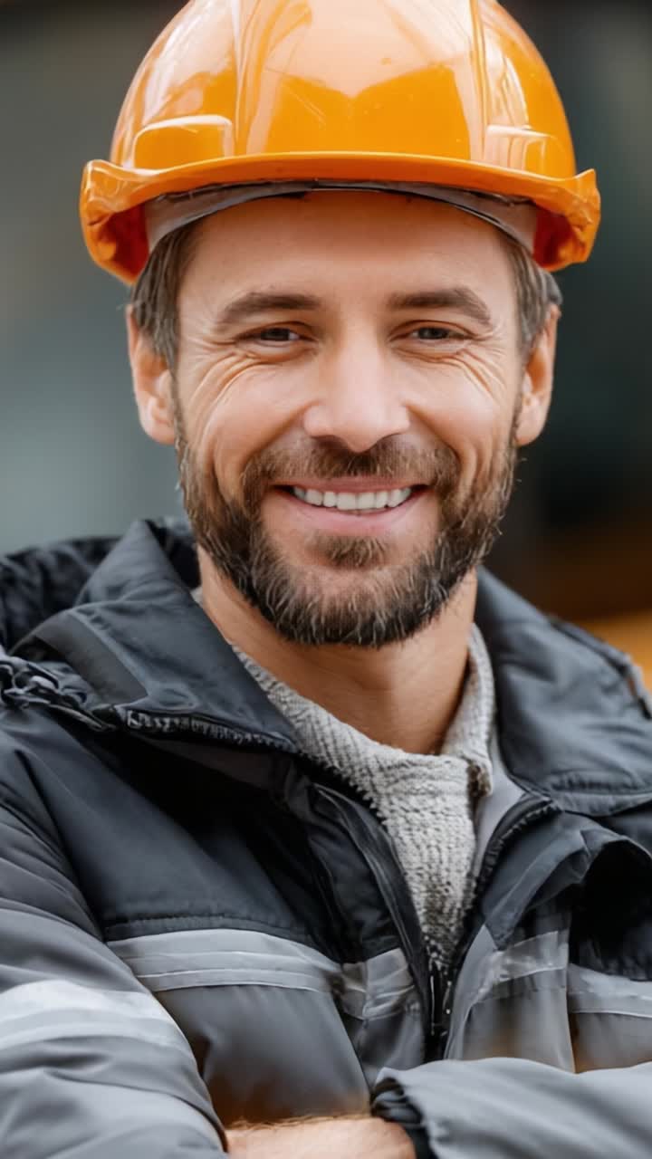 Confident Construction Worker Smiling in Safety Gear During Daytime, Ready for the Day's Challenges with a Positive Attitude and Professional Demeanor