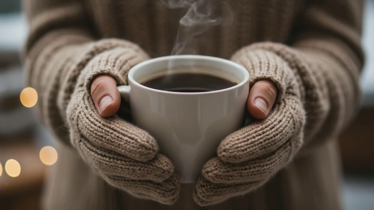 A Cozy Moment Captured: Warm Hands Embrace a Steaming Cup of Coffee, Evoking Comfort on a Chilly Day, Perfect for Enjoying and Savoring Each Sip