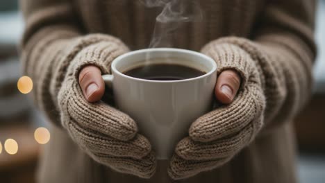 a cozy moment captured: warm hands embrace a steaming cup of coffee, evoking comfort on a chilly day, perfect for enjoying and savoring each sip