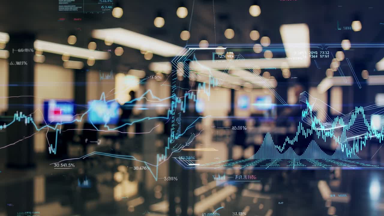 A futuristic video concept blending technology and finance, with a low-angle view of digital graphs