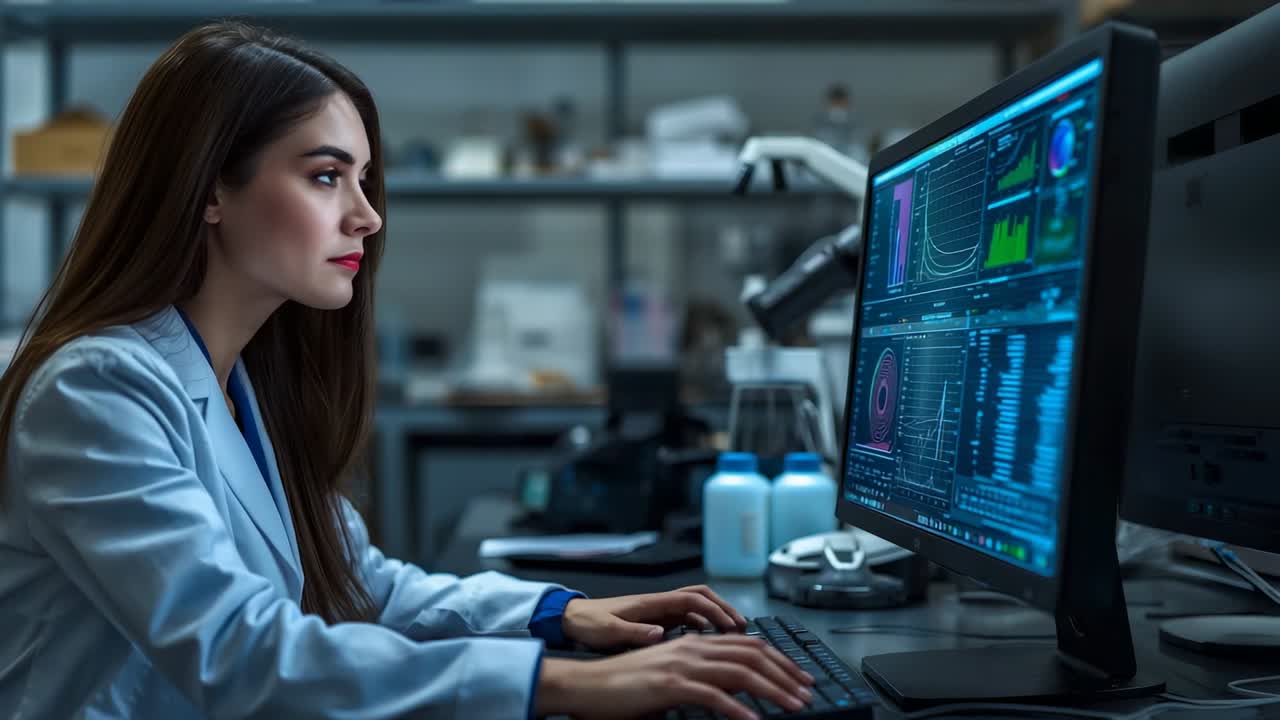 Scientist wearing lab coat launching dashboards and correlating at bench with monitor, copy space