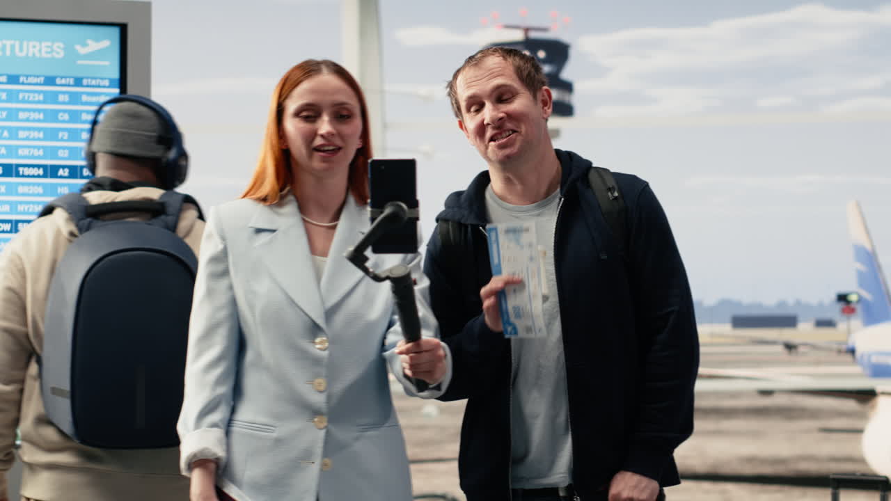 Pareja feliz haciendo vlogs en la terminal del aeropuerto antes de la salida.