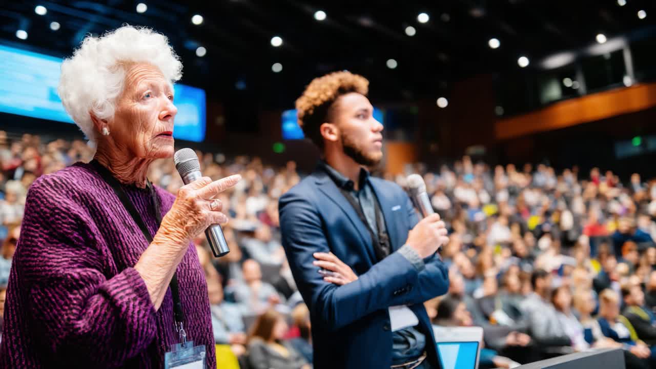 Un panel diversificato coinvolge un pubblico entusiasta in un contesto educativo con due relatori dinamici che condividono intuizioni e conoscenze.