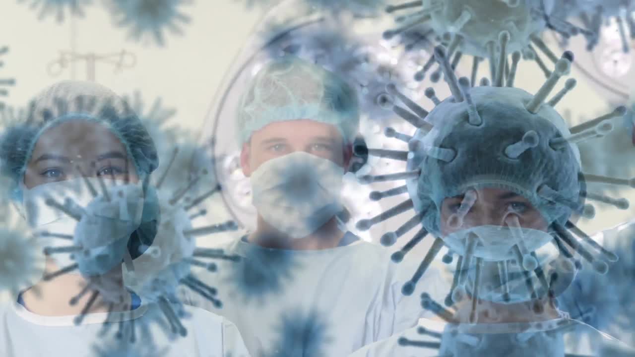 Animazione di cellule 3D di covid 19 che fluttuano su medici con mascherine