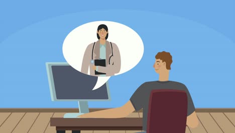 man using desktop with speech bubble in the workplace