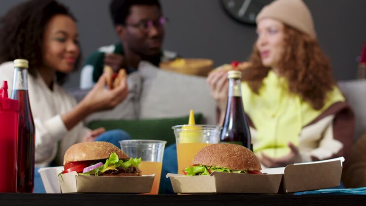 Three friends eating at home