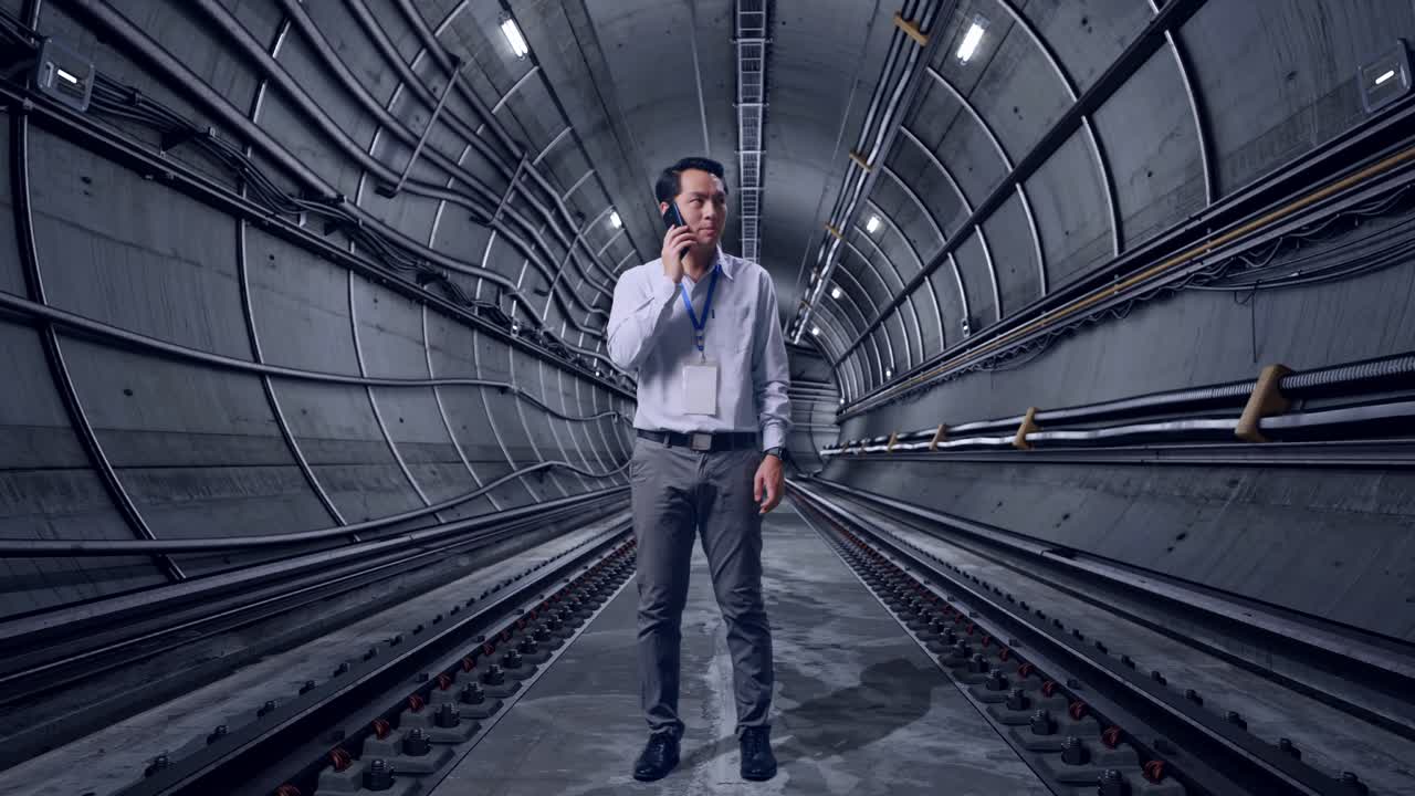 Full Body Of An Asian Male Professional Worker Standing In Underground Subway Tunnel, He Is Speaking With Someone In The Phone