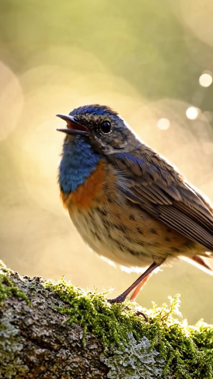 Un Primo Piano Accattivante di un Uccello Colorato Appollaiato su un Ramo Muschioso Contro uno Splendido Sfondo Sfocato che Evidenzia le Meraviglie della Natura