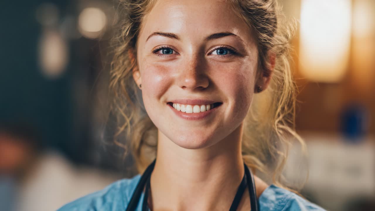 Uma profissional de saúde alegre com um sorriso acolhedor, demonstrando dedicação e compaixão em um ambiente hospitalar, representando o espírito de cuidado e excelência em serviços médicos
