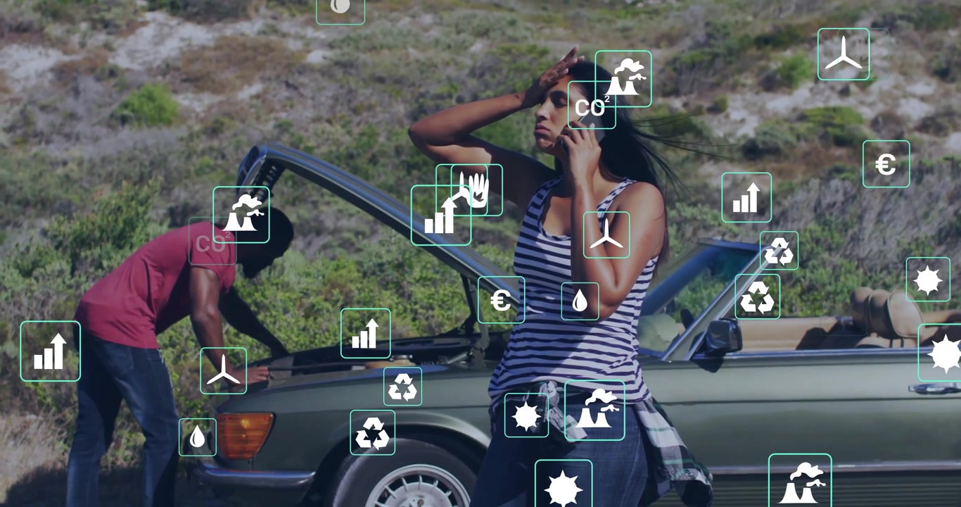 Animazione di icone ecologiche su uomo di diverse etnie che ripara l'auto e donna al telefono vicino all'auto