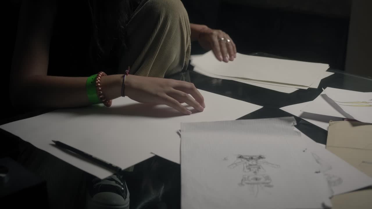 한 개인이 종이와 펜을 들고 스케치를 준비하는 모습을 볼 수 있습니다. 영감을 주는 그림의 여정의 시작을 상징합니다.