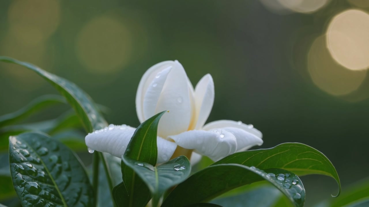 Fiore di gardenia bianca con gocce di rugiada in giardino