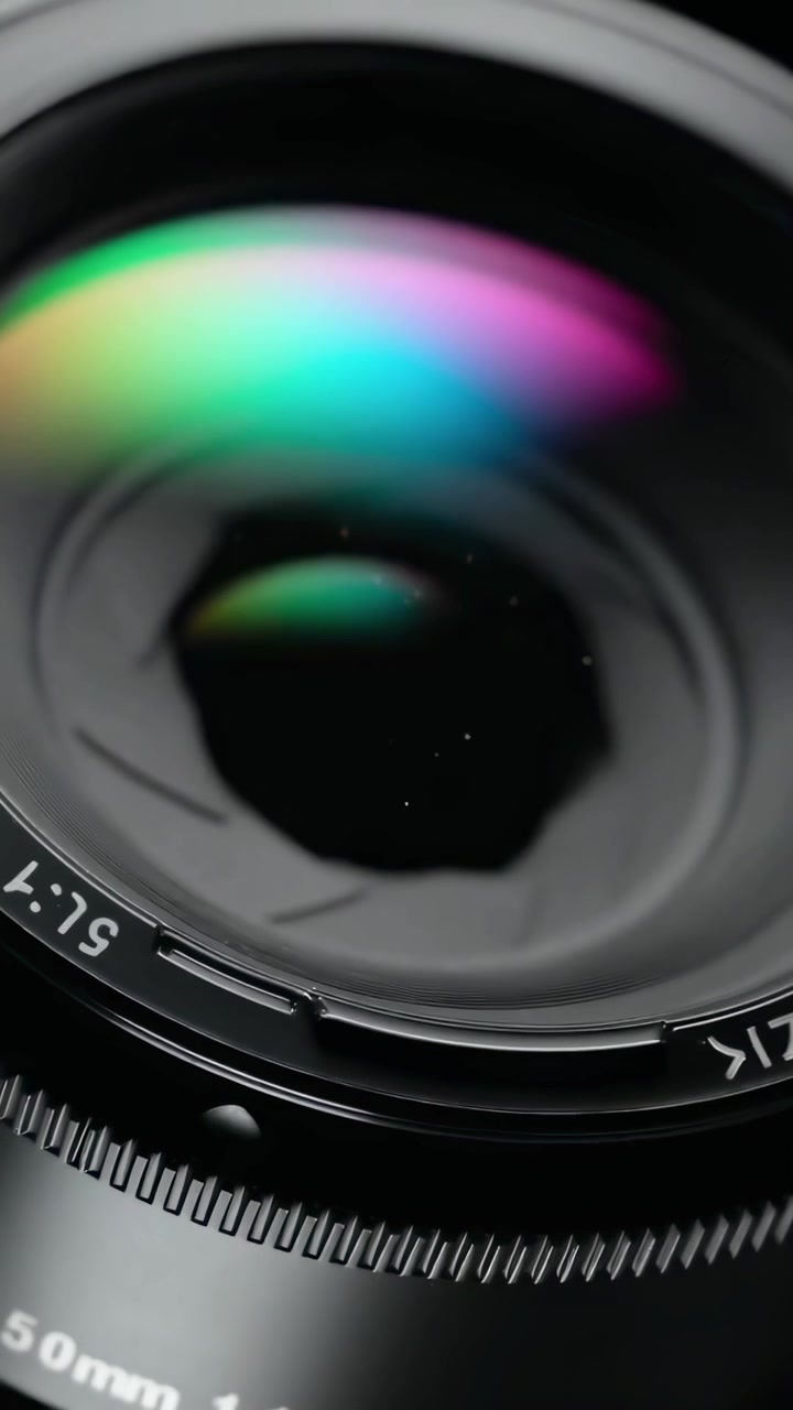 Apertura e chiusura del diaframma dell'obiettivo della fotocamera con riflessi colorati