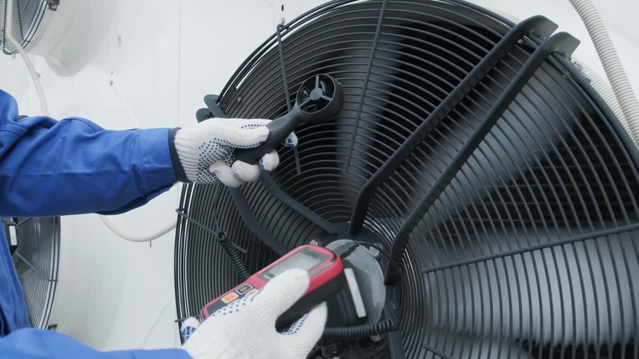 Testing with an anemometer of an axial fan of the condensing unit