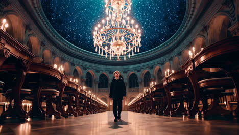 child walking through a grand hall
