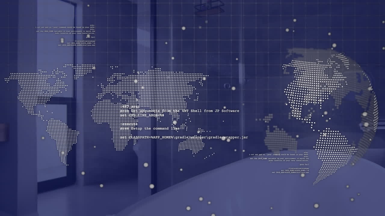 화장실 위의 지구, 세계 지도 및 데이터 처리 애니메이션