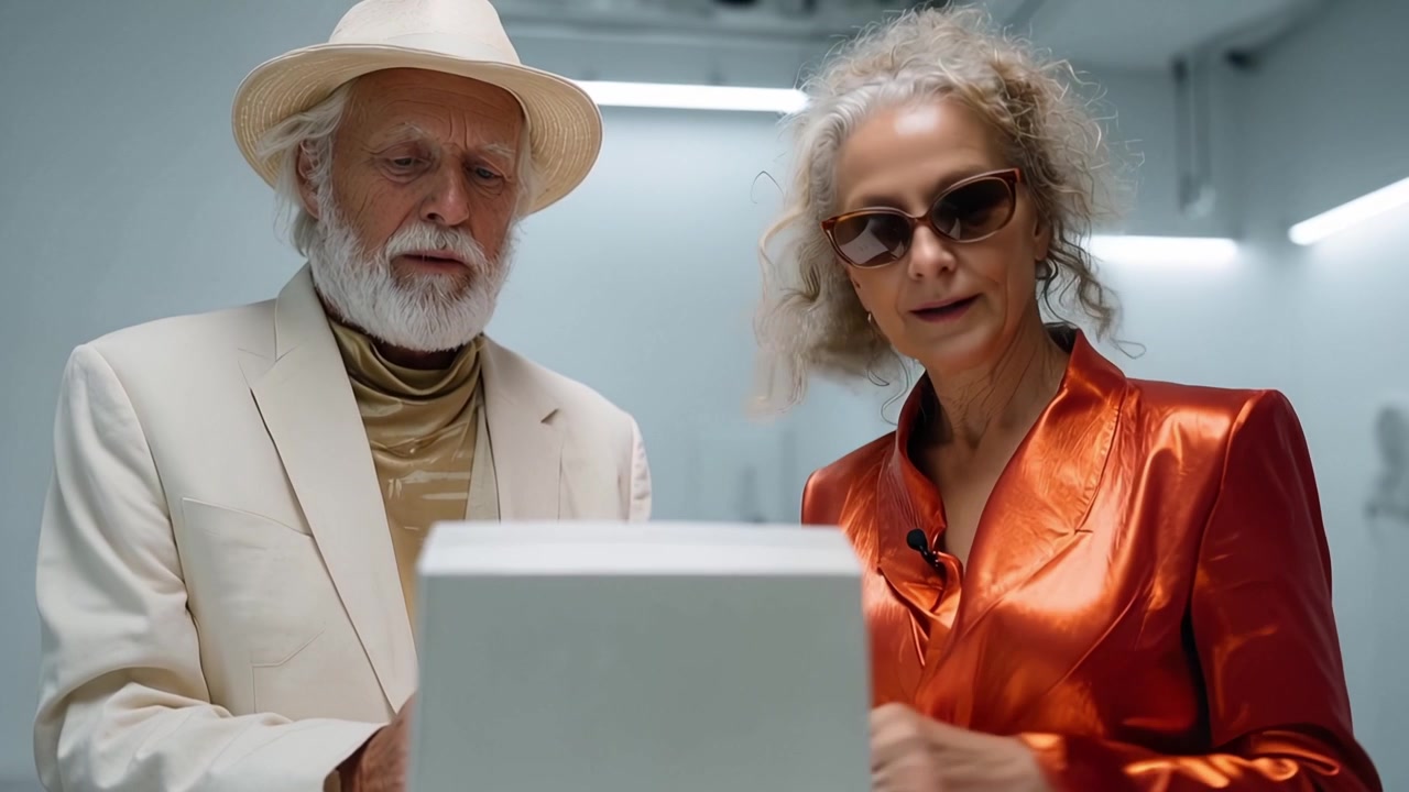 Stylish Elderly Couple Interacting with a Modern Device