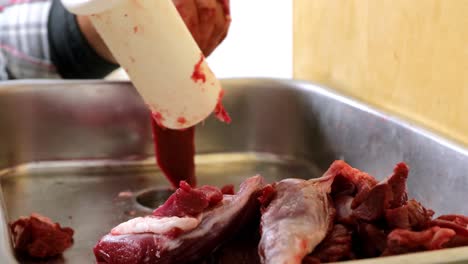 Butcher-using-a-plastic-plunger-to-push-chunks-of-wild-game-meat-into-grinder