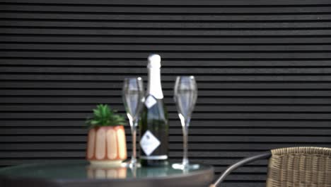 luxury setting with bottle of champagne and flute glasses sat on garden table with thin black cladding in background also showing garden plant