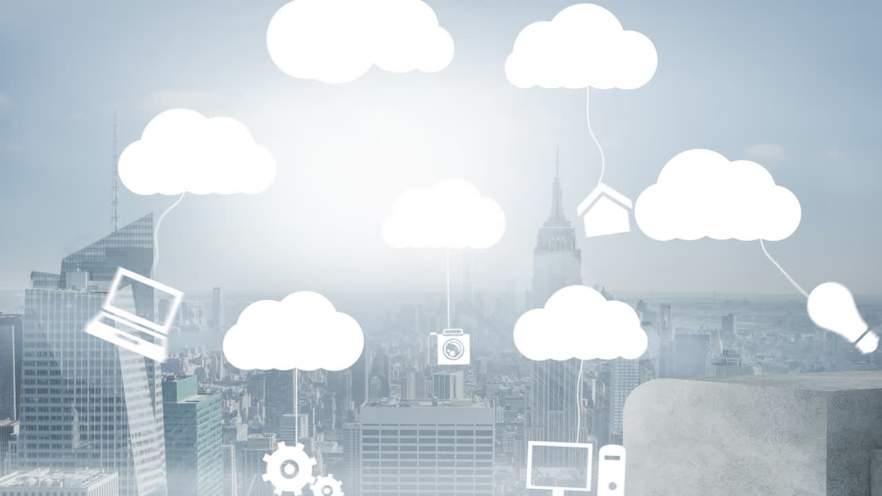 Cloud computing icons animation over cityscape with skyscrapers