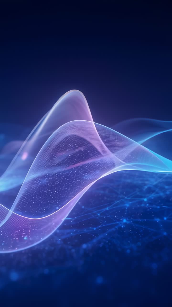 Vertical video: Undulating translucent ribbon shifting over grid, tiny sparks drifting in navy