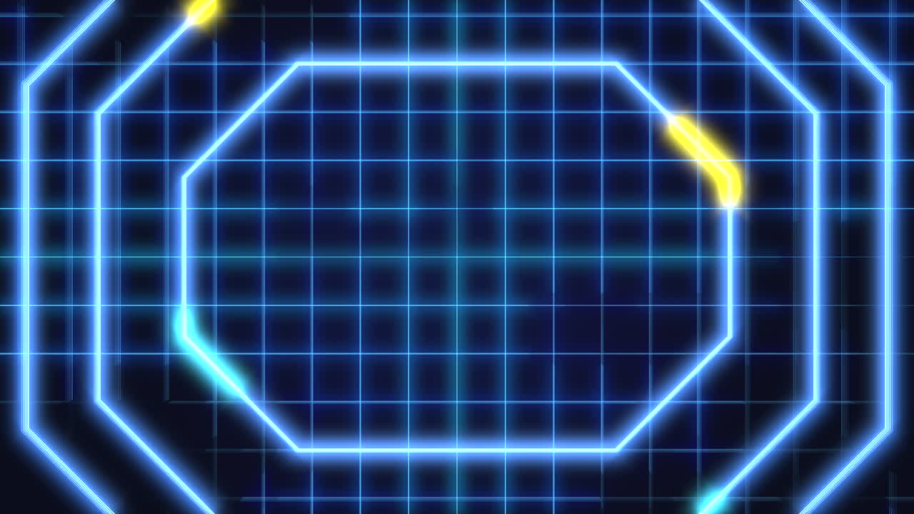 signo hexagonal de neón vibrante con líneas azules, amarillas y verdes