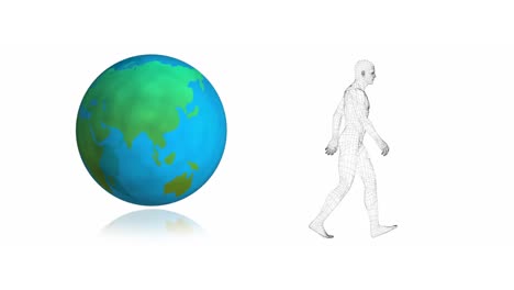 animation of human walking and globe on white background