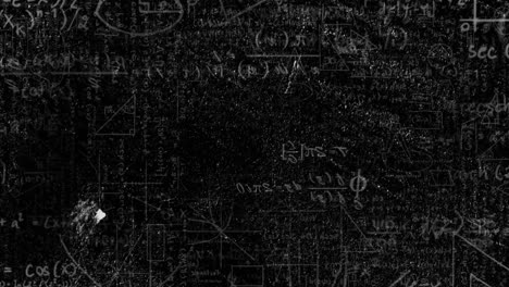 animation of layers of mathematical formulae and moving chalk marks on black chalkboard