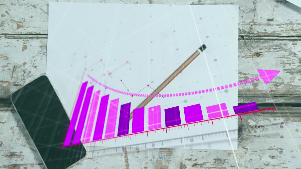 animación del procesamiento de datos estadísticos contra un teléfono inteligente, papel en blanco y lápiz en una mesa de madera.