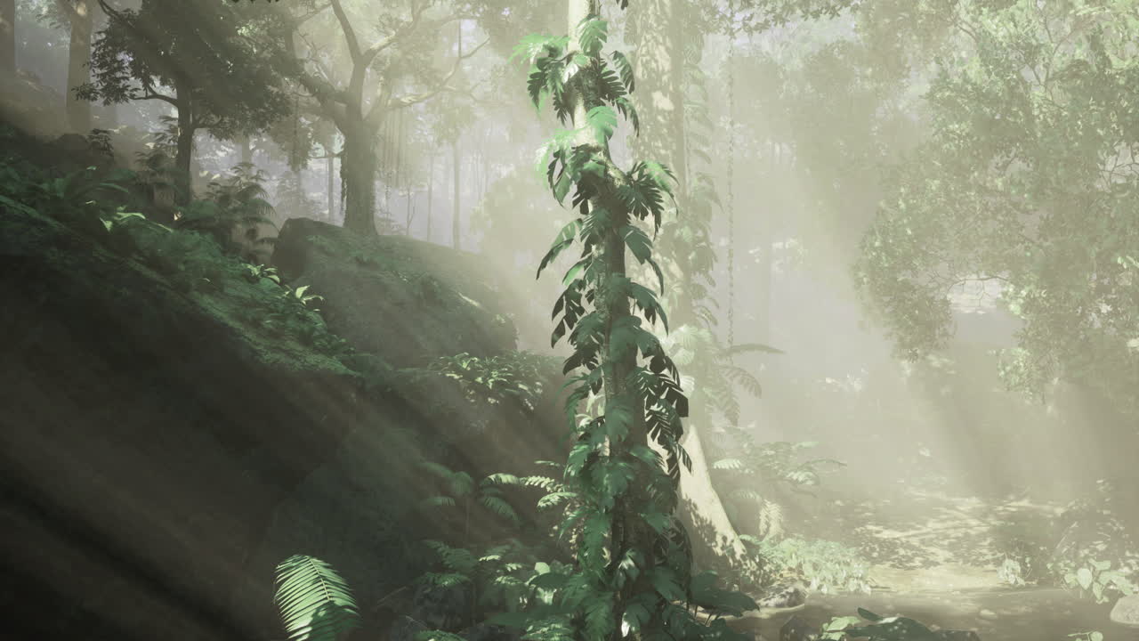 Sunlight filters through lush greenery in tranquil forest setting