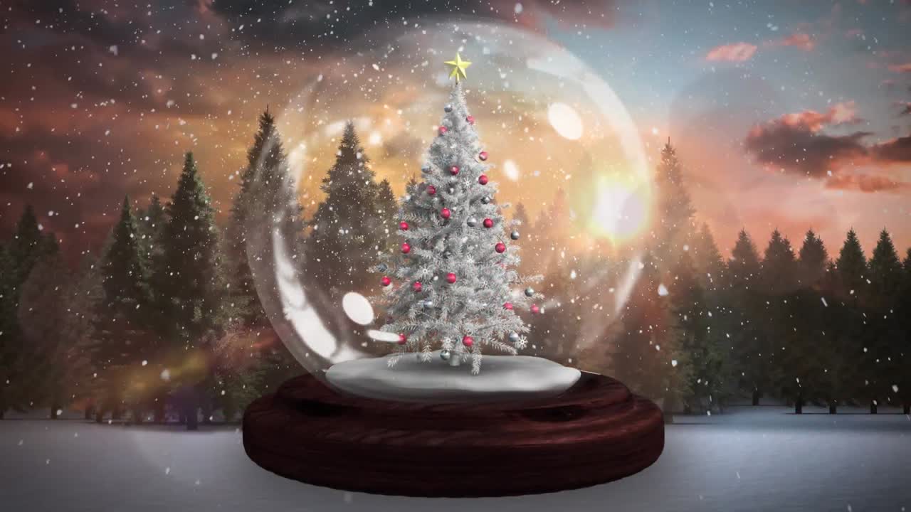 animación del árbol de navidad sobre un paisaje de invierno