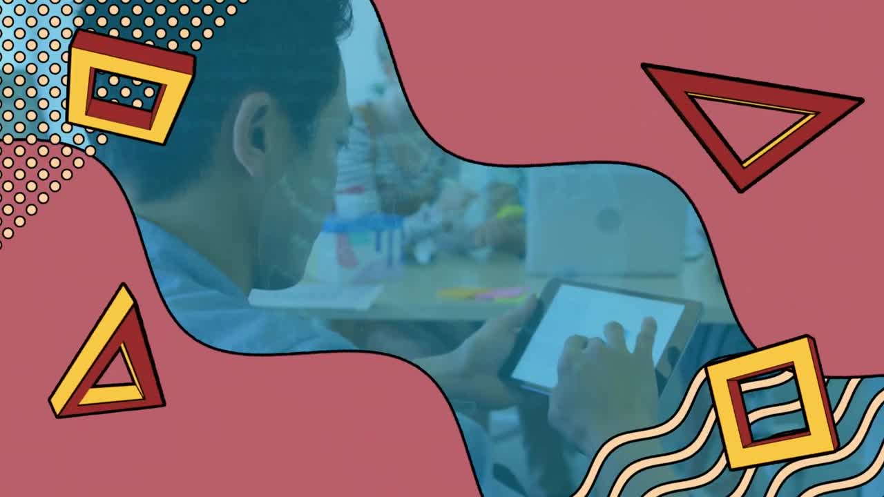 animación de formas abstractas retro y conexiones sobre el hombre usando tableta