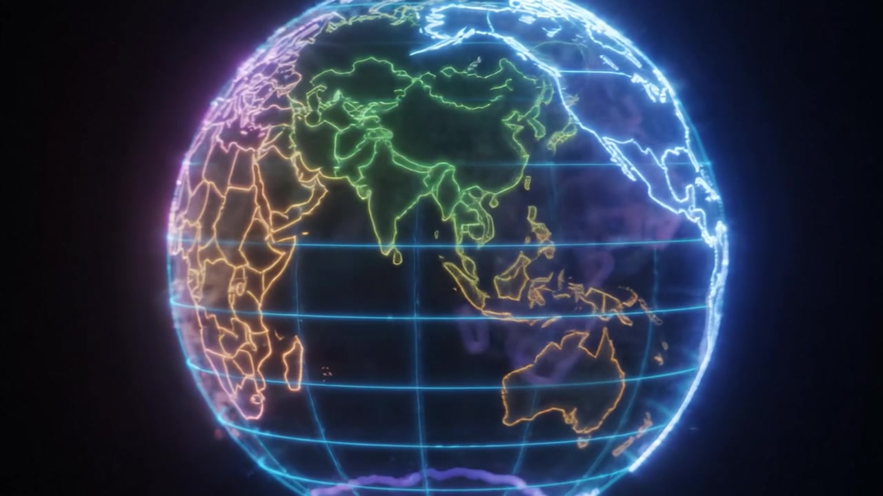 Dynamic Visualization of a Neon Globe Spinning, Showcasing Nurtured Geographies and Vibrant Color Gradients Across Continents and Oceans in a Digital Format