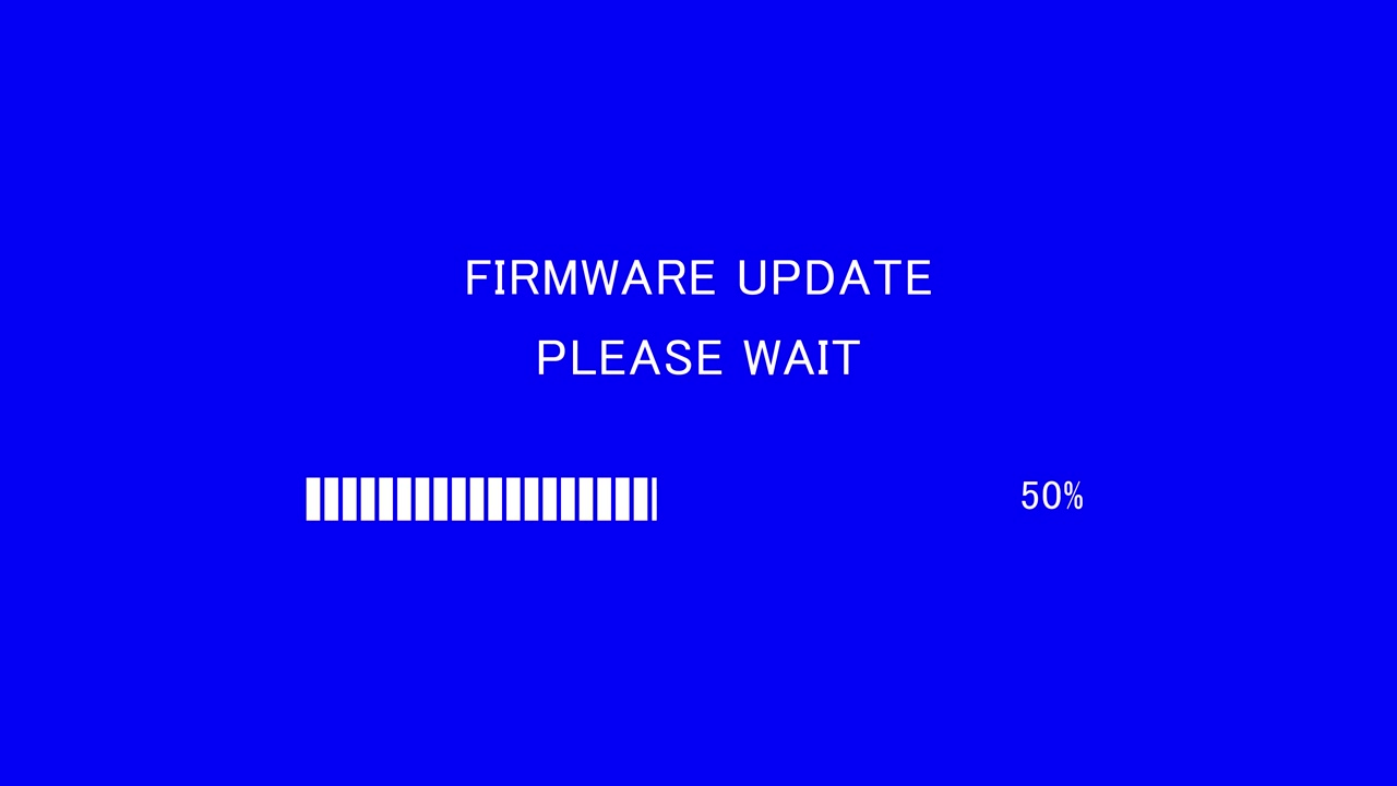 Retro TV screen showing firmware update please wait message with loading bar on blue background, seamless loop