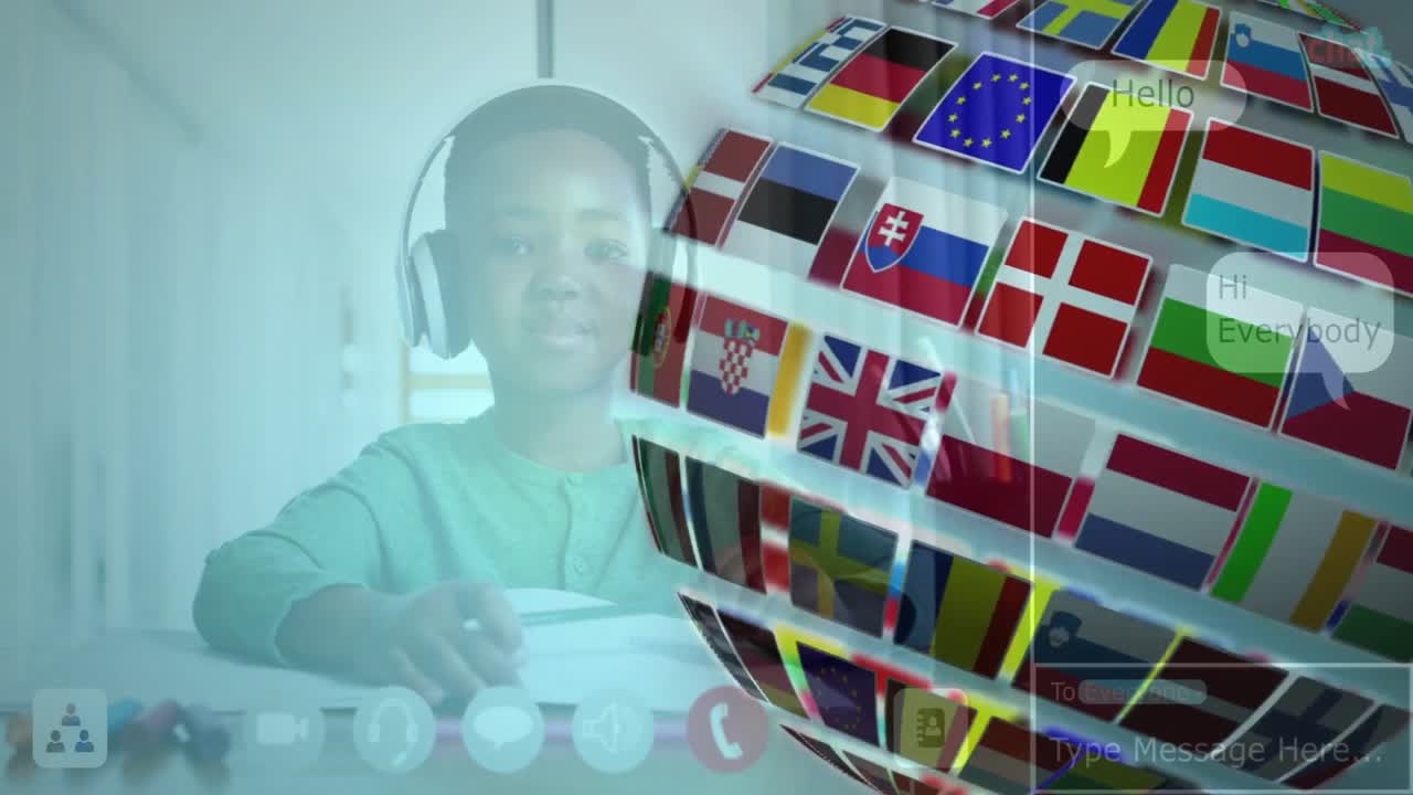 Boy wearing headphones, clicking mouse, joining call and viewing rotating 3D globe with chat icon