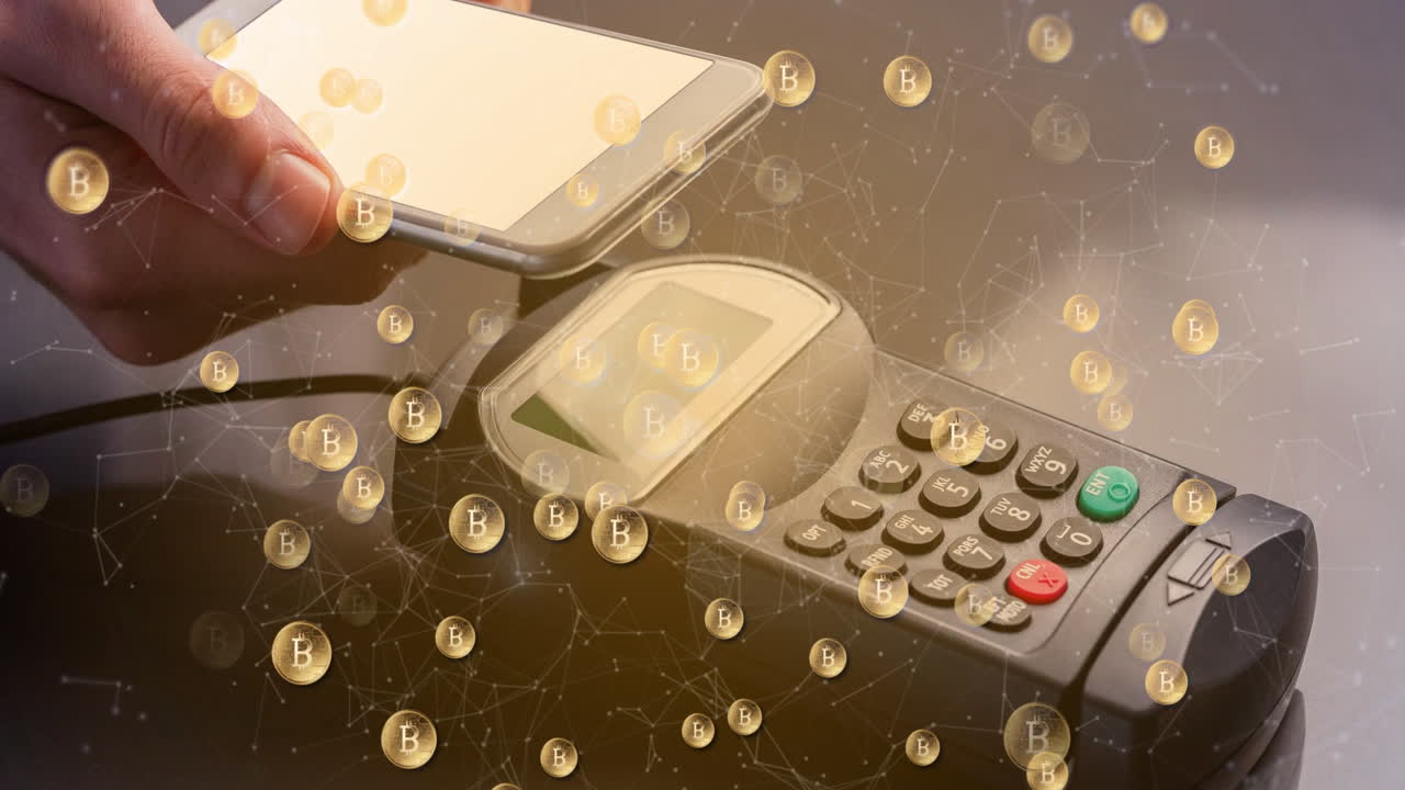 анимация биткоинов через смартфон и платежный терминал