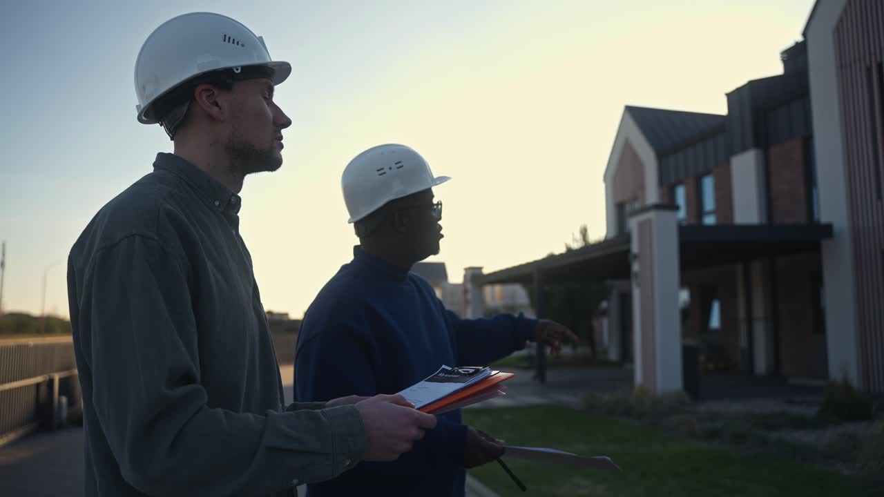Construction engineers inspecting building plans on site