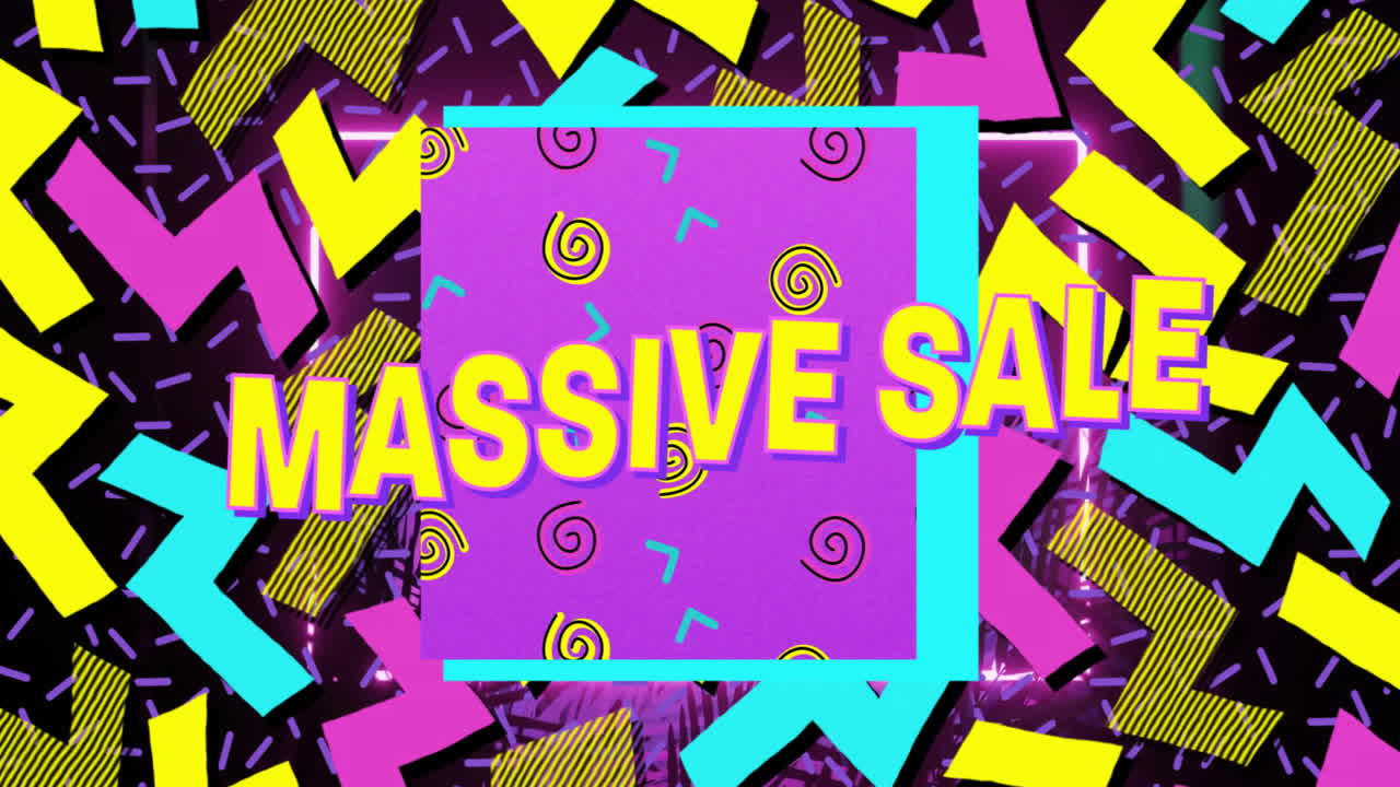 Animation of bright geometric shapes featuring Massive Sale in bold yellow text