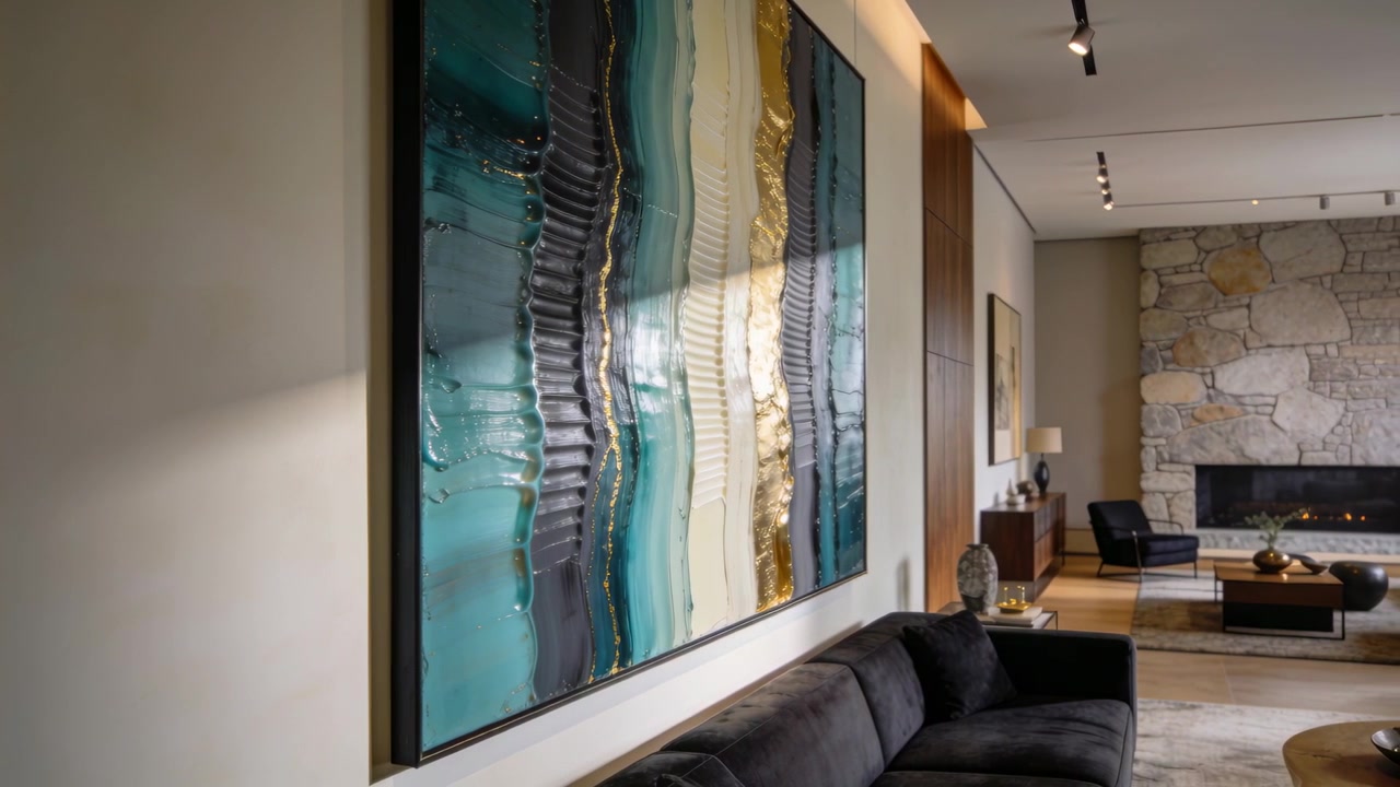Pannerende camera die een groot abstract schilderij in de woonkamer onthult, om een bank en open haard te tonen.