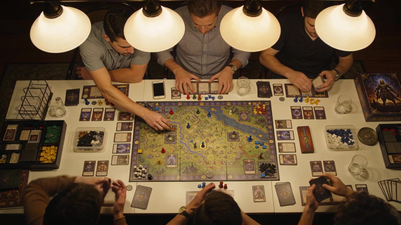 Seis homens organizando, colocando fichas coloridas e abrindo cartas em leque sobre um mapa, começando a jogar sob a luz de lâmpadas.